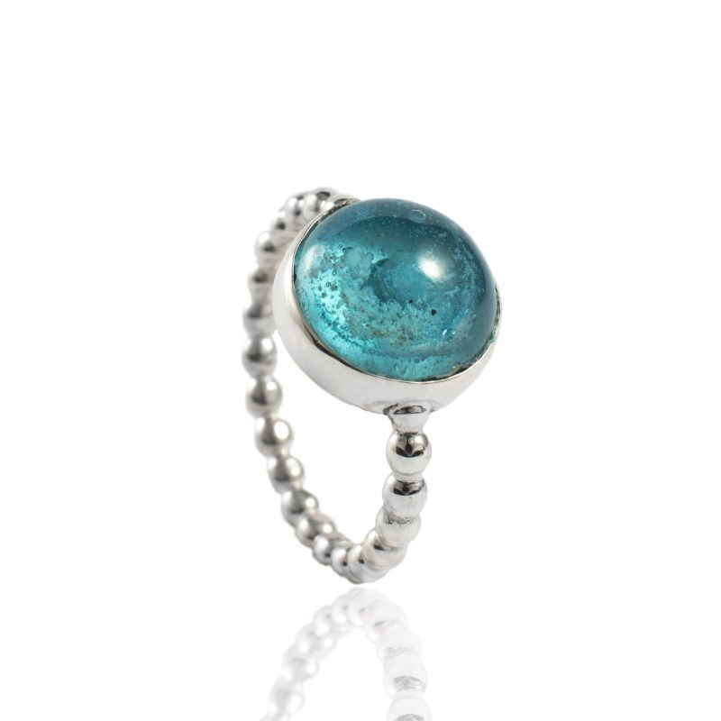 Bague en frêne sphérique - avec cabochon en frêne de verre Sterling | Argent