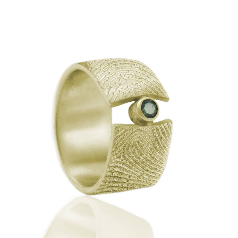 Bague empreinte digitale - avec boîtier et émeraude synthétique - Or 3mm