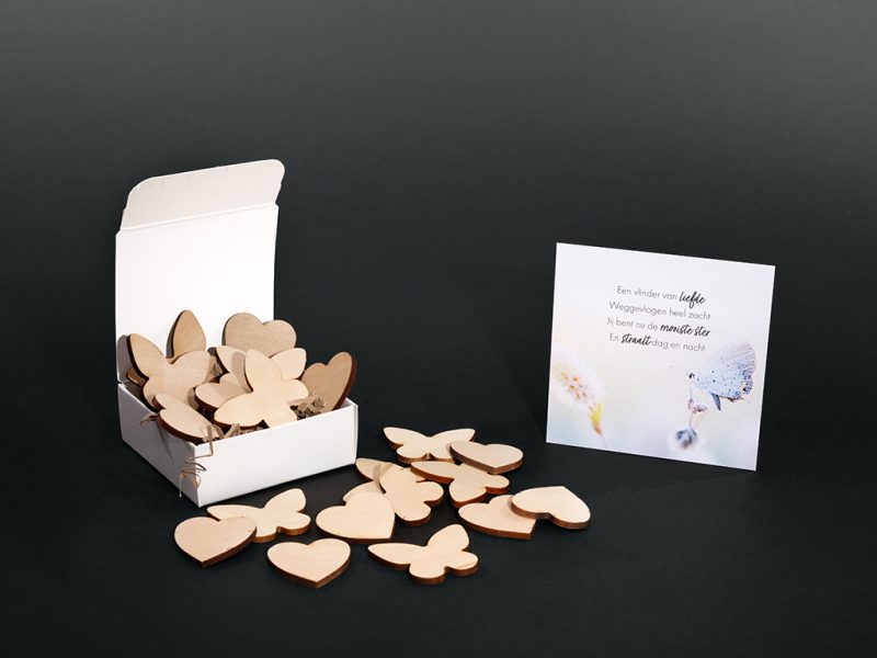 Troostbox Memory Markers – Hout | Mix van vlinders en hartjes 20 stuks